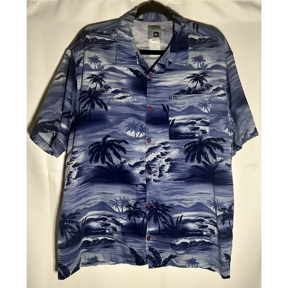 QuickSilver Hawaiian Mens Small - Blue‎ Palm Tree Shirt