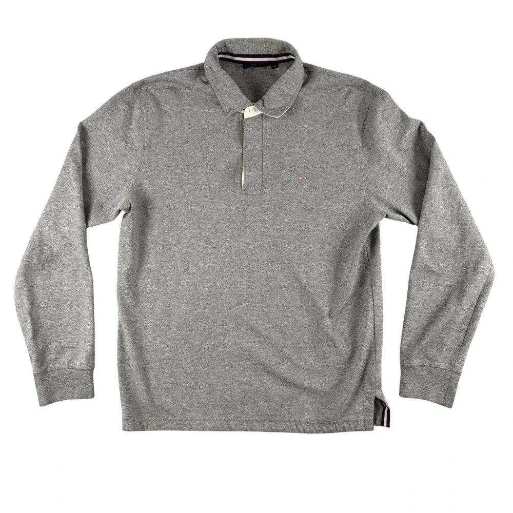 Eden Park Polo Shirt Mens M‎ Gray Long Sleeve Rugby Style Logo Collar Trim