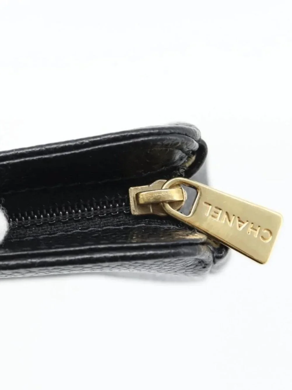 CHANEL COCO Mark Pouch Grained Calf Skin Black Gold CC Auth 181481