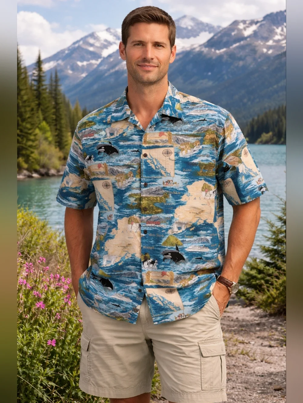 David Carey Originals Alaska Map Hawaiian Shirt‎ Men’s XL Blue Wildlife Print