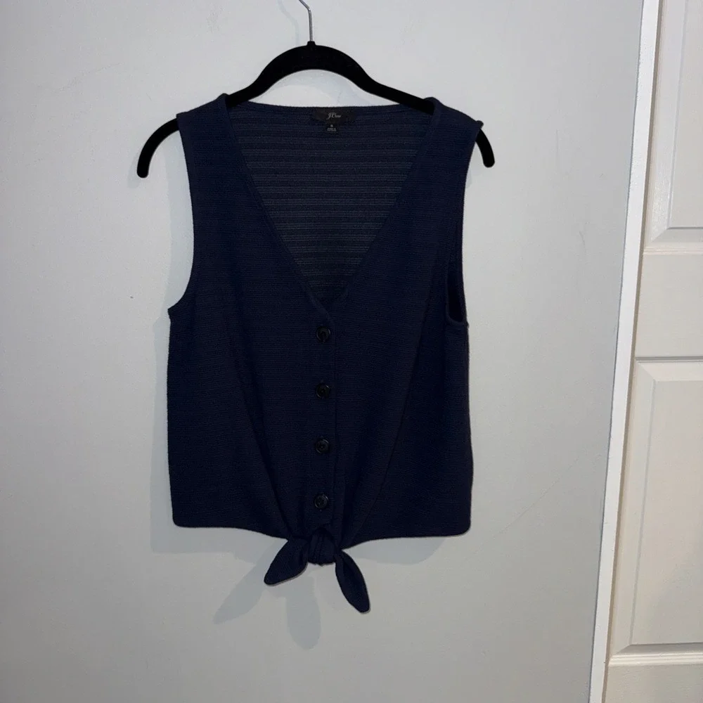 J crew  Sz Small Button-Front knit tank Tying Sleeveless  Navy Blue shirt office