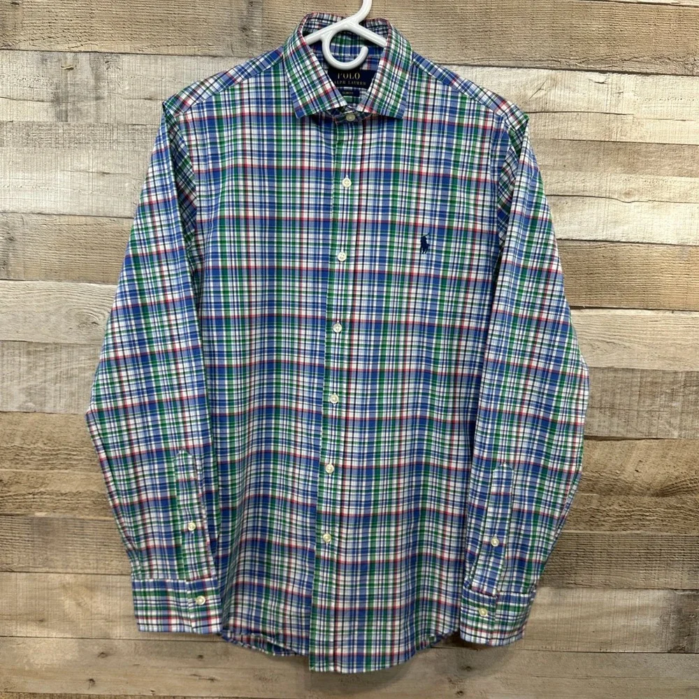 Polo Ralph Lauren Mens Plaid Slim Fit‎ Shirt Blue Green Pink Size M 15.5 Stretch
