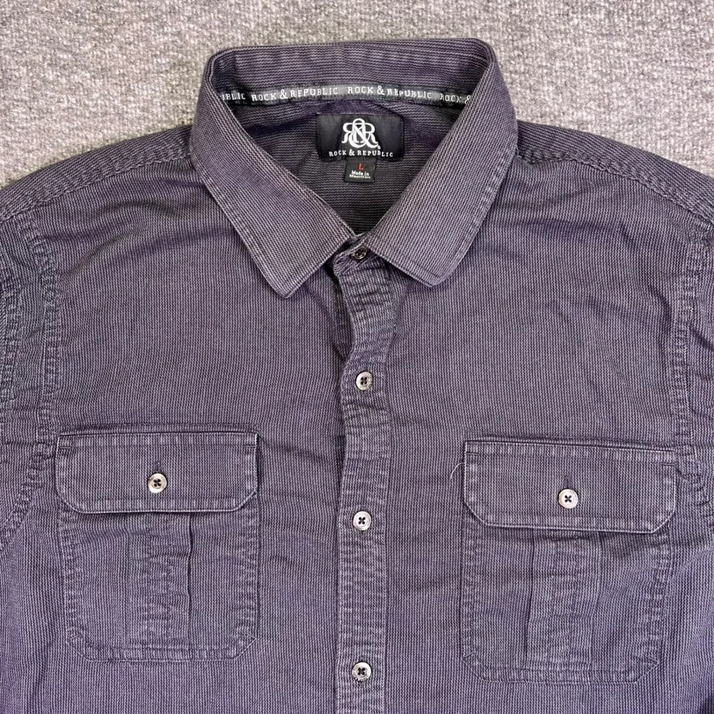 Rock Republic Shirt Mens L Gray Button Up 2 Pocket Casual Roll Tab Sleeve Grunge