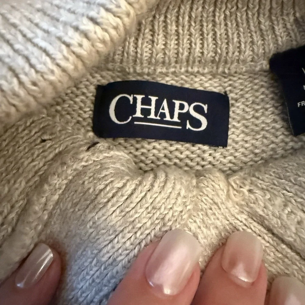 Chaps Men's 100% Cotton Quarter Button Sweater – Size Large –Gray & Cream Stripe