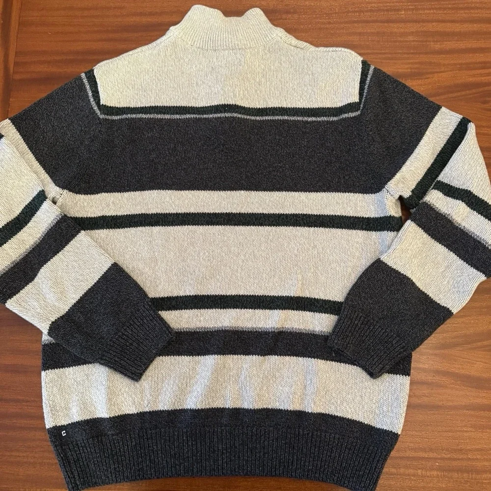 Chaps Men's 100% Cotton Quarter Button Sweater – Size Large –Gray & Cream Stripe