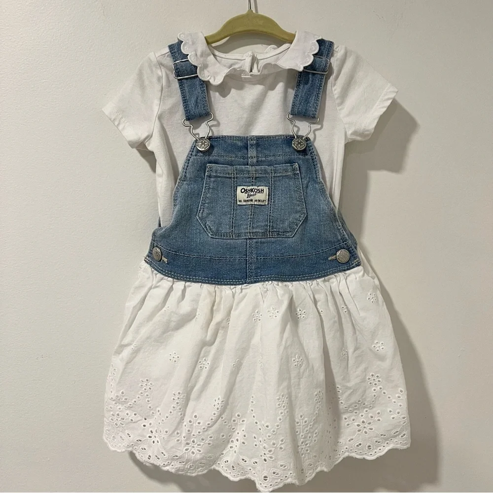 Osh Kosh B'Gosh Toddler Girl Blue Jean White Eyelet Bib Overall Dress Size 2T