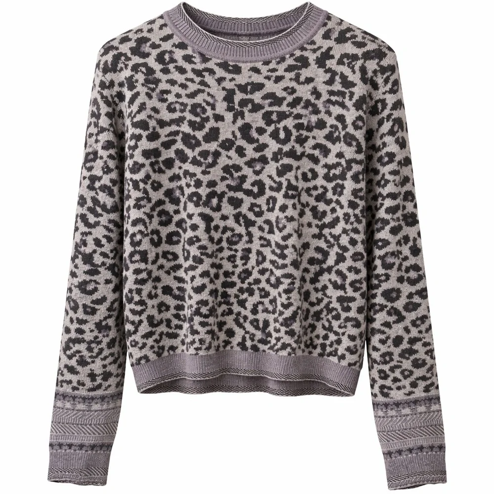 John + Jenn Leopard Print Crewneck Knit Sweater Gray Black Size S/M