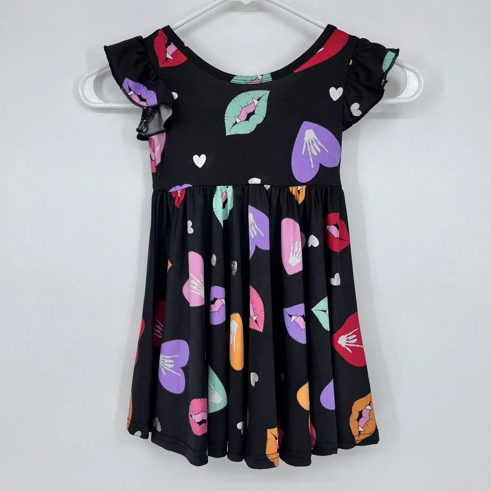 Dot Dot Smile‎ Dress Kids 2T Black Vampire Lips Hearts Flutter Sleeve Foil Print