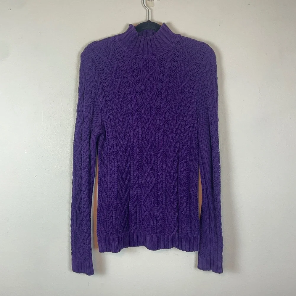 Chaps Purple Cable Knit Mock Neck Long Sleeve Cotton Sweater Women's M‎
