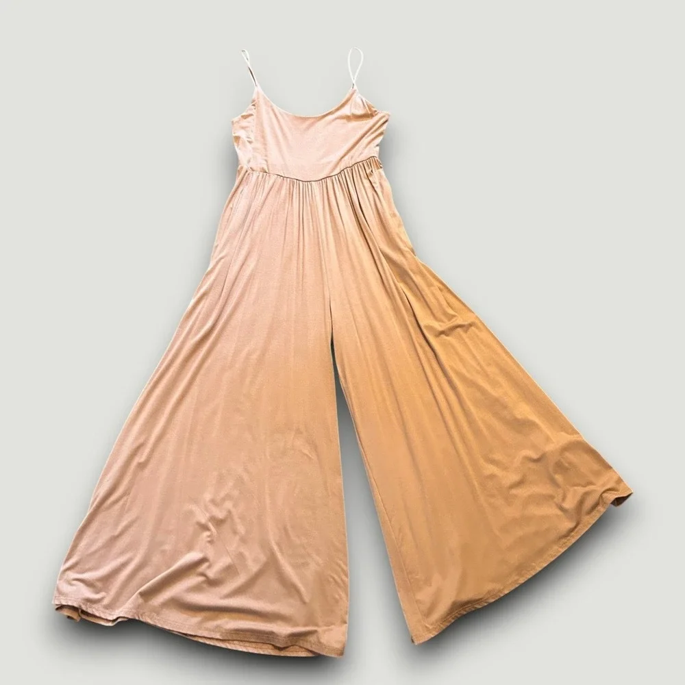 Ooh La Luxe Womens‎ Jumpsuit Mauve Tan M Wide Leg Lounge Boho Chic Minimalist