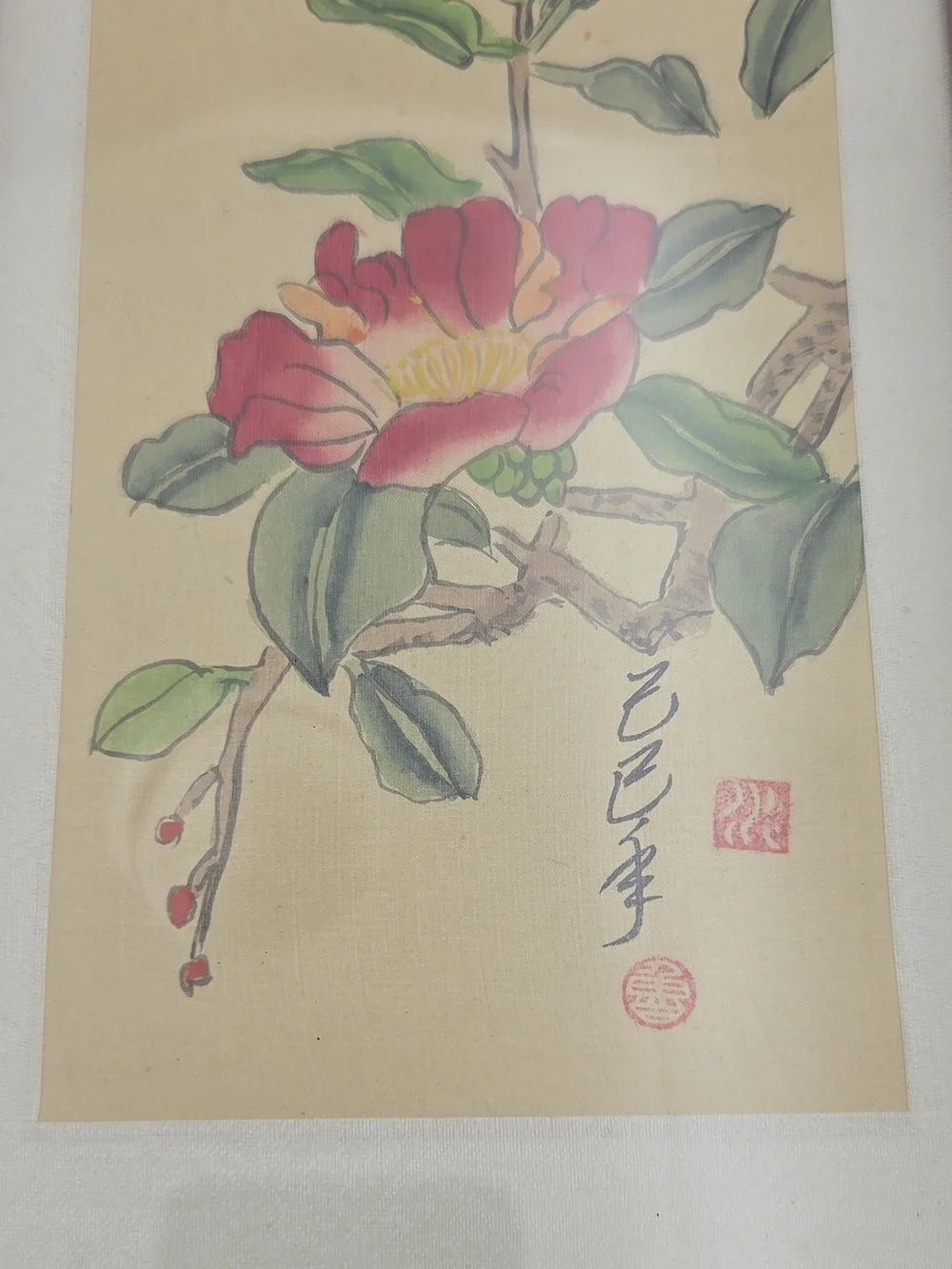 Vintage 80's Asian Pair of Red Framed Silk Botanical & Bird Wall Art Prints