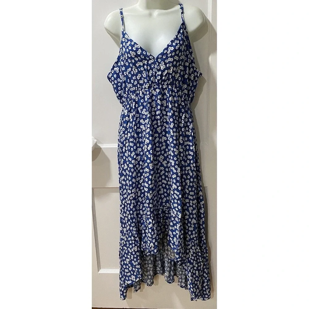 Beach Pacific Vibes Blue White Floral‎ Print NWT XXL VNeck High Low Maxi Dress