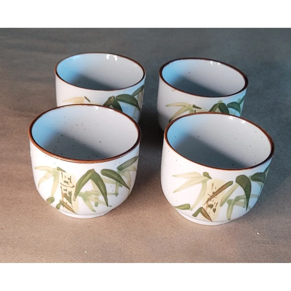 Vintage 70s Handgemalt Tea Cup Set of 4 Ceramic Cream‎ Green Brown Bamboo