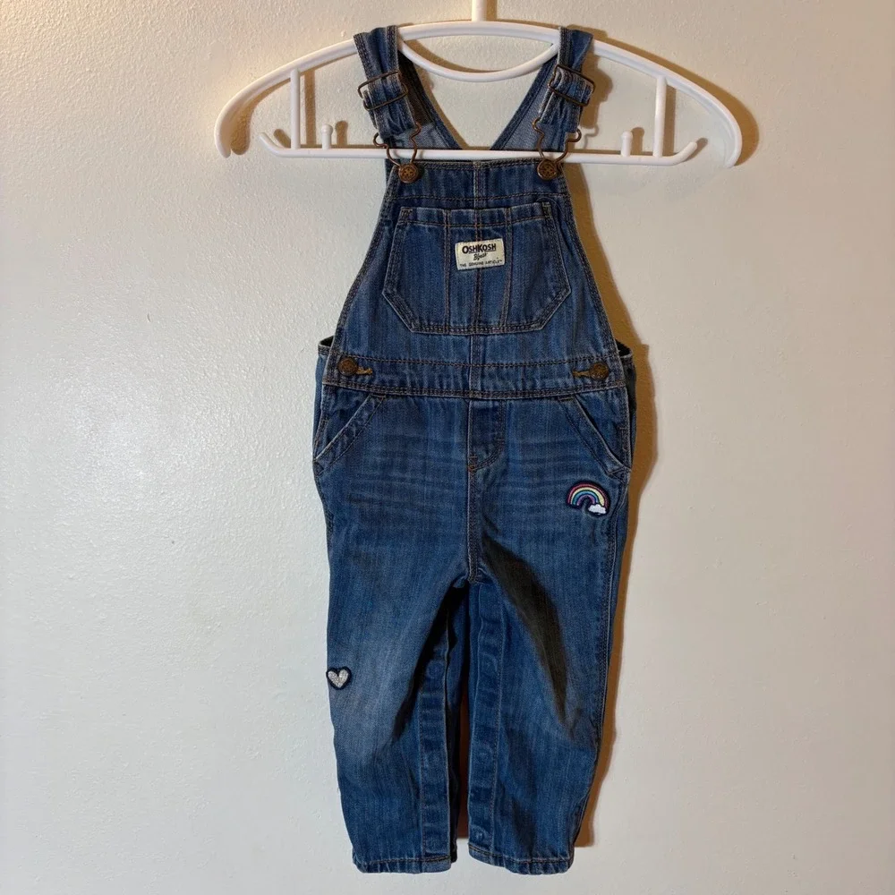 OshKosh‎ B'Gosh Girls Blue Denim Rainbow Heart Embroidered Overalls 12-18M