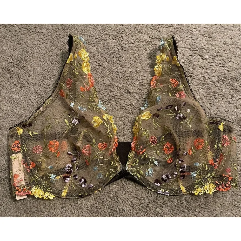 Victorias Secret DREAM ANGELS Unlined Plunge‎ Bra Embroidered Mesh 38B Floral