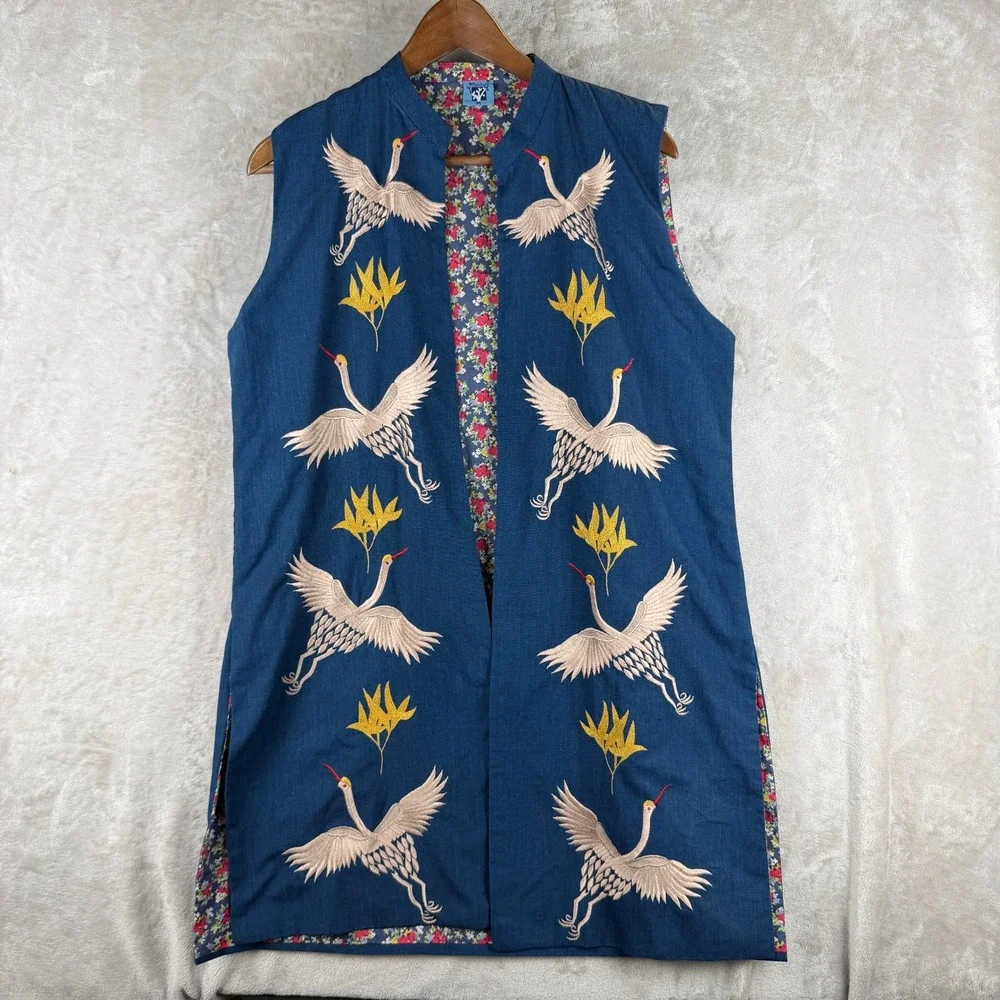 Vintage Blue Embroidered Crane Longline Vest Floral Lined Boho Asian Art
