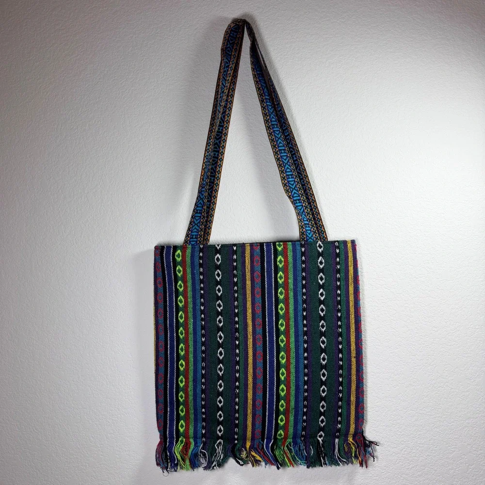 Boho Embroidered Woven Tote Bag Multi-Color‎ Striped Fringe Wooden Beads Artisan