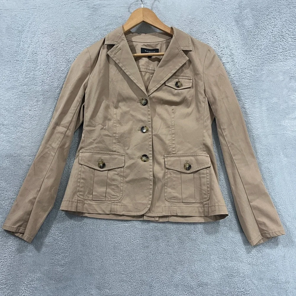 Talbots Jacket Womens 4 Blazer Tan Khaki Pockets‎ Casual Academia Preppy
