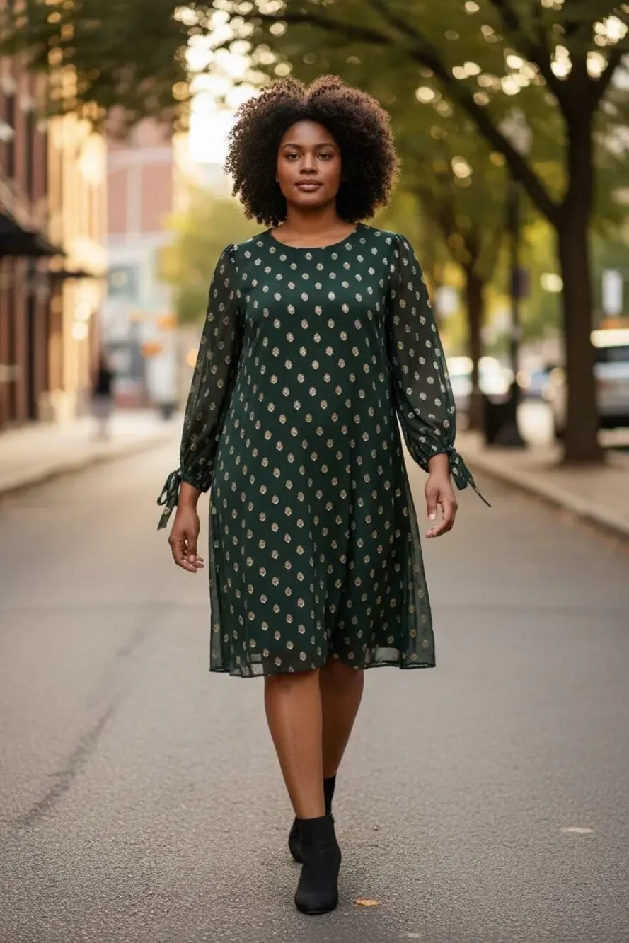 Calvin Klein Green Shift Dress with Bishop Sleeves and gold threaded design