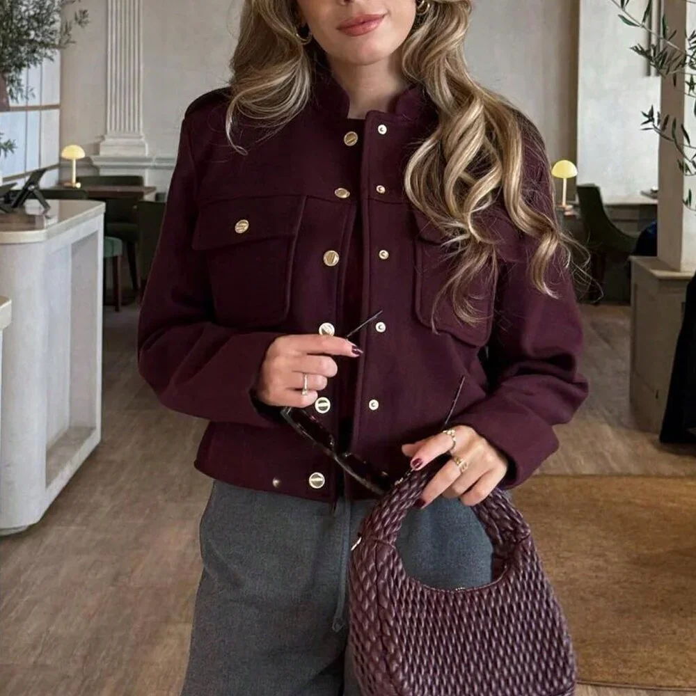 Burgundy Casual Women's Pockets Buttons detailed Jacket
