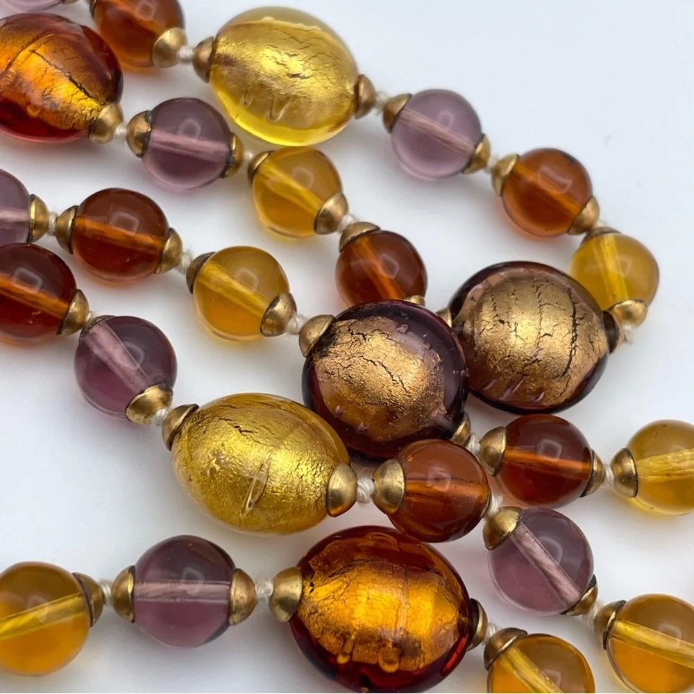 Stunning Hilary London Murano Glass Necklace & Bracelets Set, Fall Colors, 28”