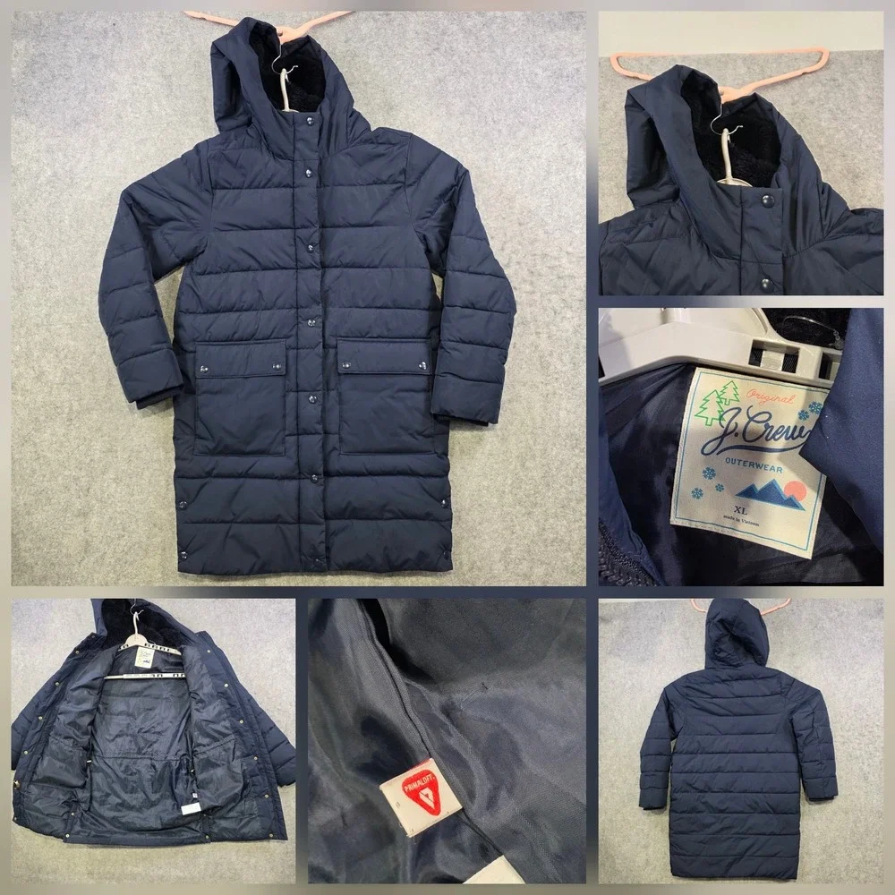 J.Crew Coat Womens XL Navy Blue Hooded Primaloft Insulated Parka Jacket AZ420‎