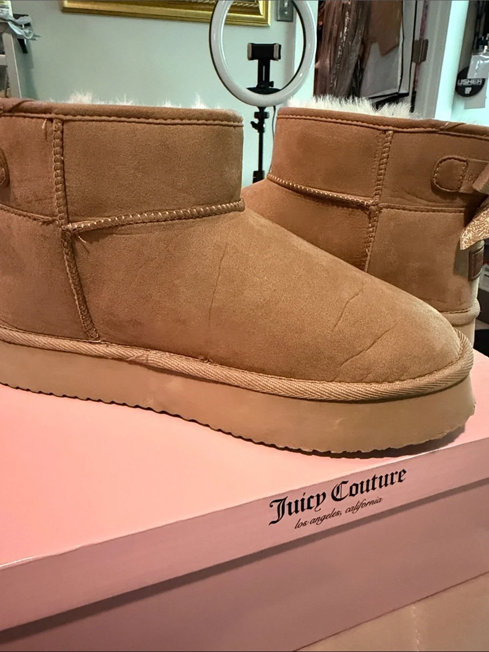 Juicy Couture Chestnut Suede Short Shearling Booties