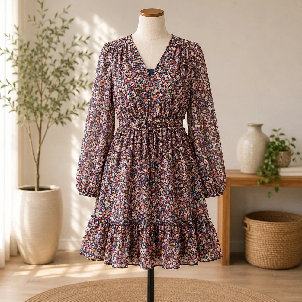 NWT Cupshe Floral Mini Dress Womens XL Multicolor V-Neck Long Sleeve Ruffle Hem