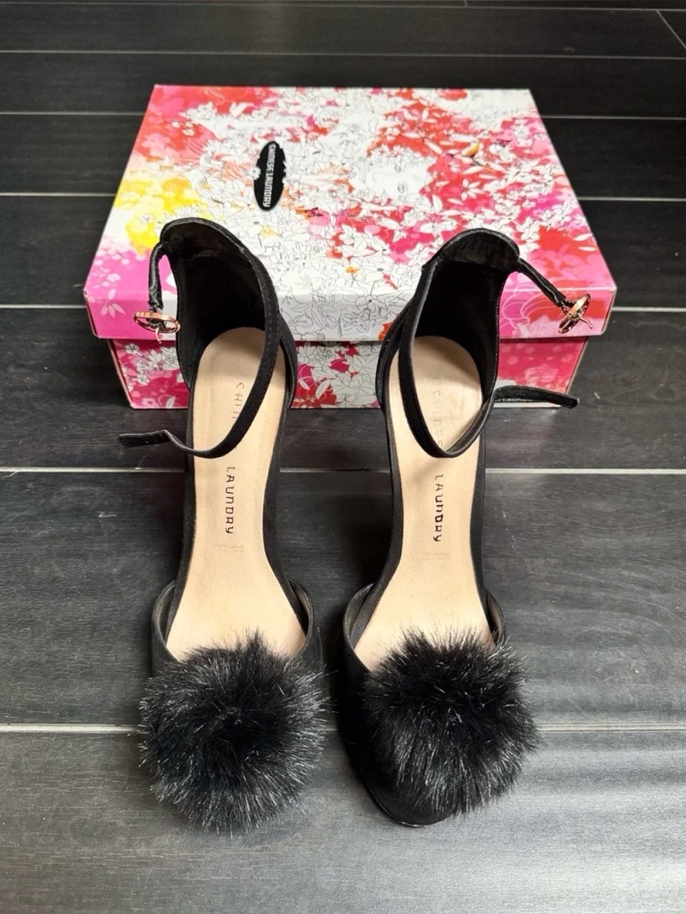 Chinese Laundry Black Ankle-Strap Heels with Pom-Pom