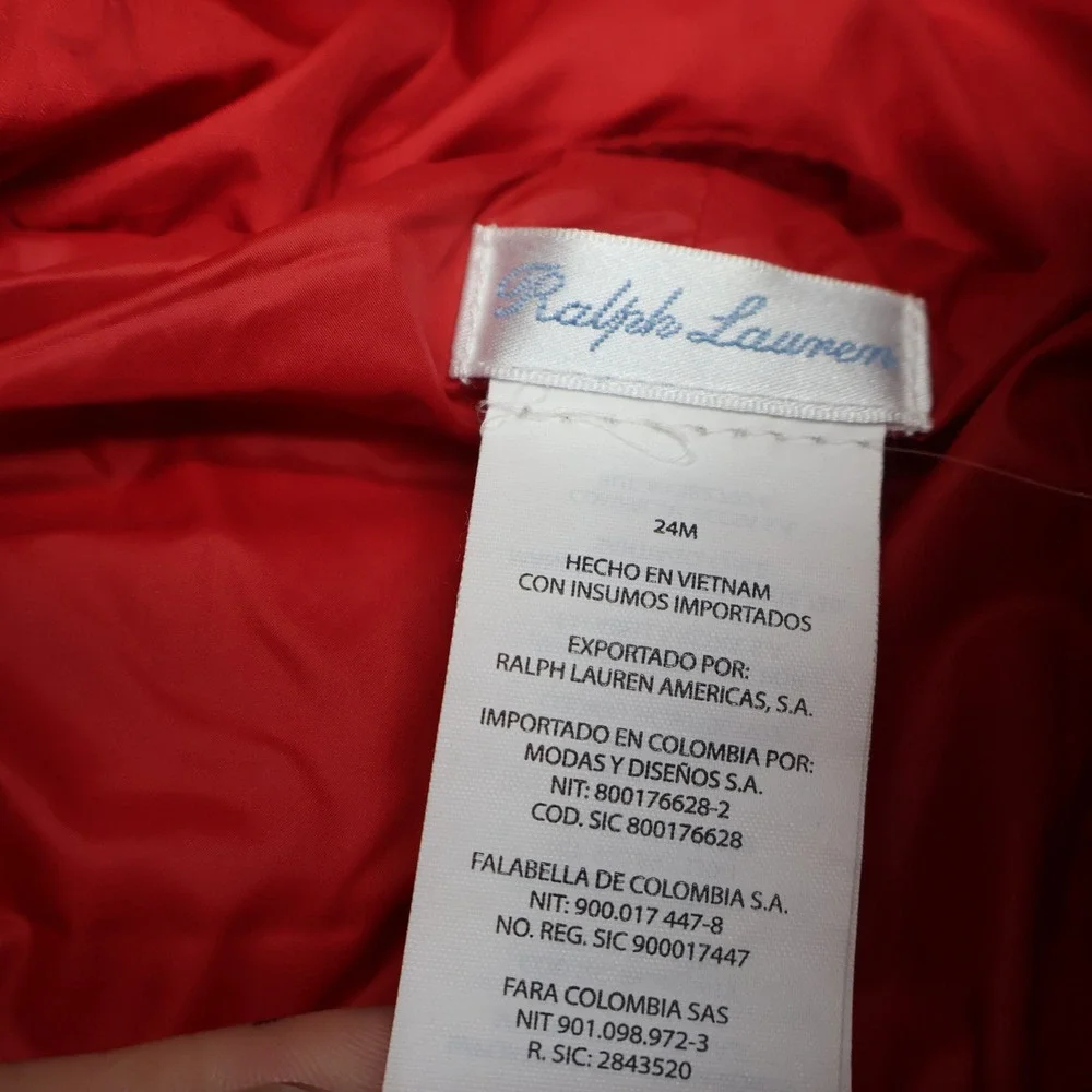 Ralph‎ Lauren Bunting Kids 24M Red Quilted Puffer Snowsuit Winter Mittens Footed