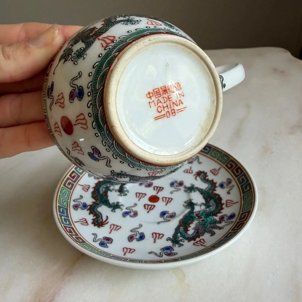 Vintage Chinese Porcelain Dragon Tea Cup and Saucer Set Jingdezhen Made in China