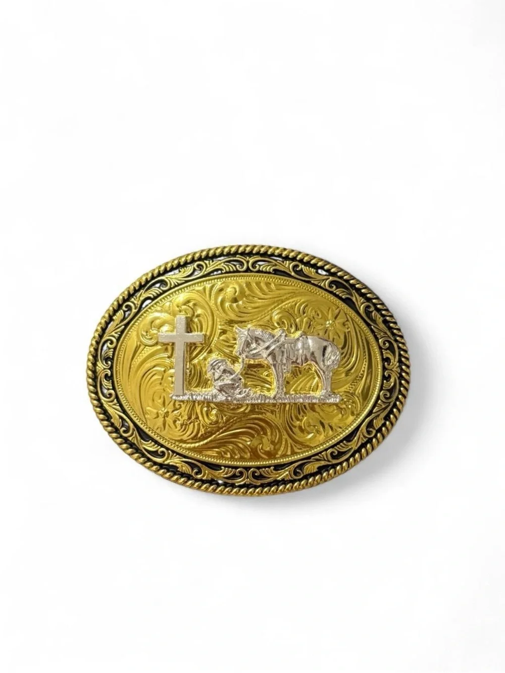 Small Gold Western Cross & Horse Belt Buckle