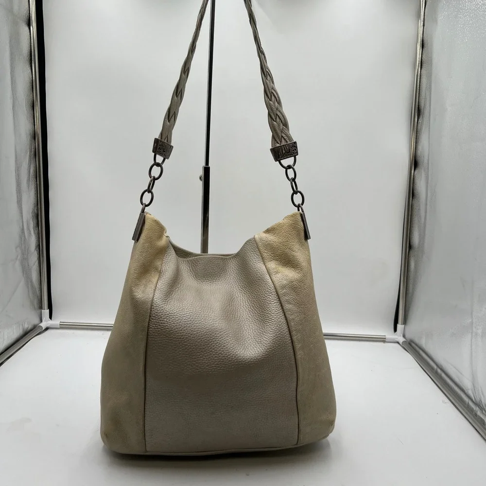 Brighton Metallic Beige Leather Hobo Shoulder Bag Chain Braided Strap Purse
