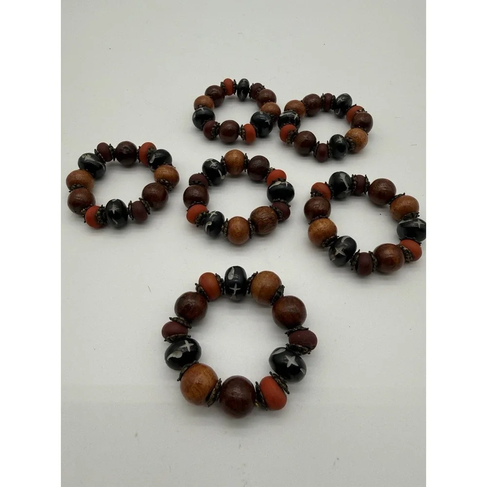 Set of 6 Napkin Rings Wood Metal and Plastic Beads African Style 2.5