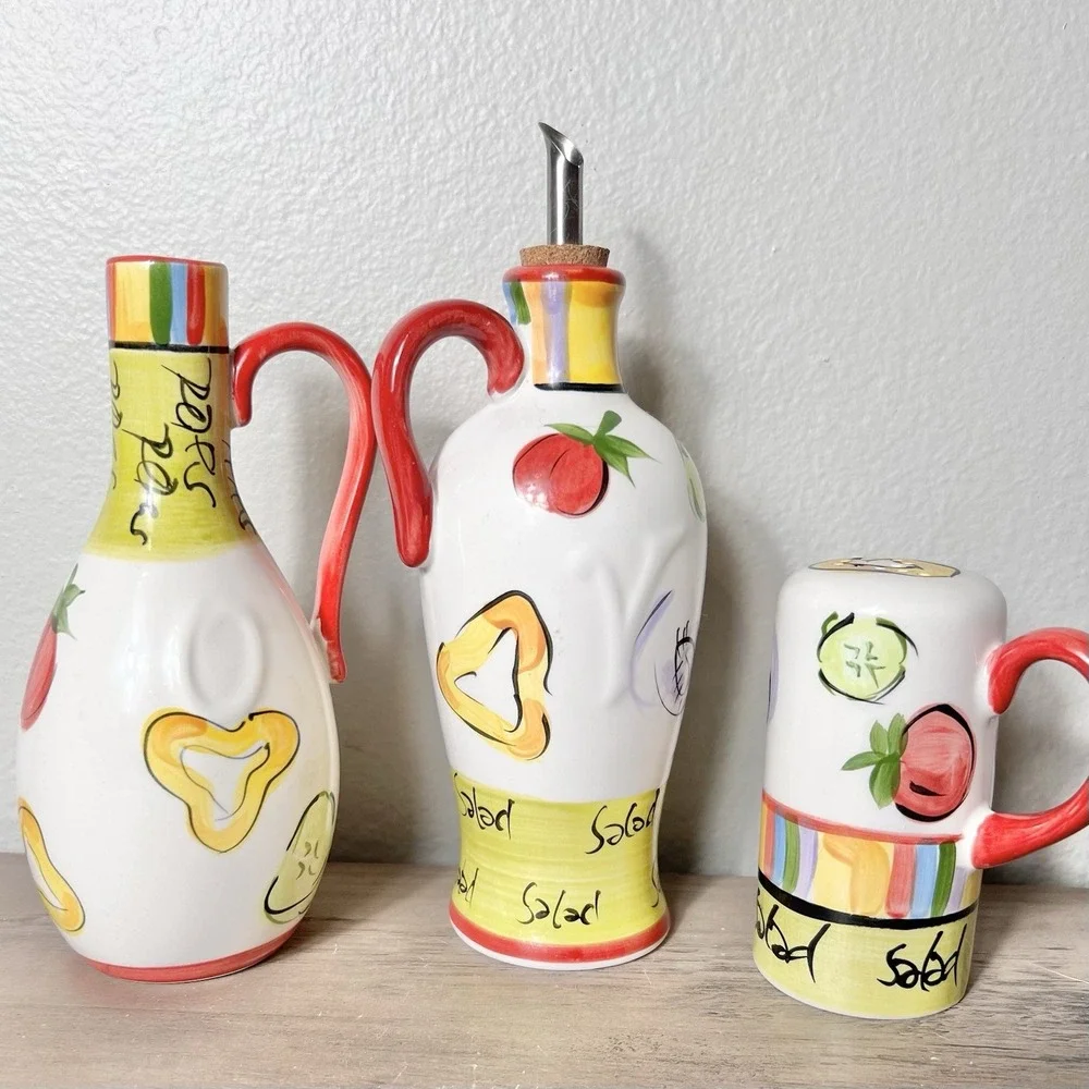 Tabletops Gallery Salad 101 Hand Painted Oil‎ Vinegar Cruet & Pepper Shaker Set