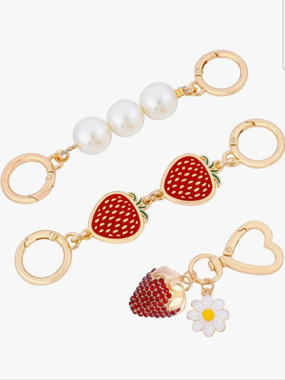 Luxury Rhinestone Strawberry & Pearl Gold Bag Charm Keychain Set - 3 Pcs