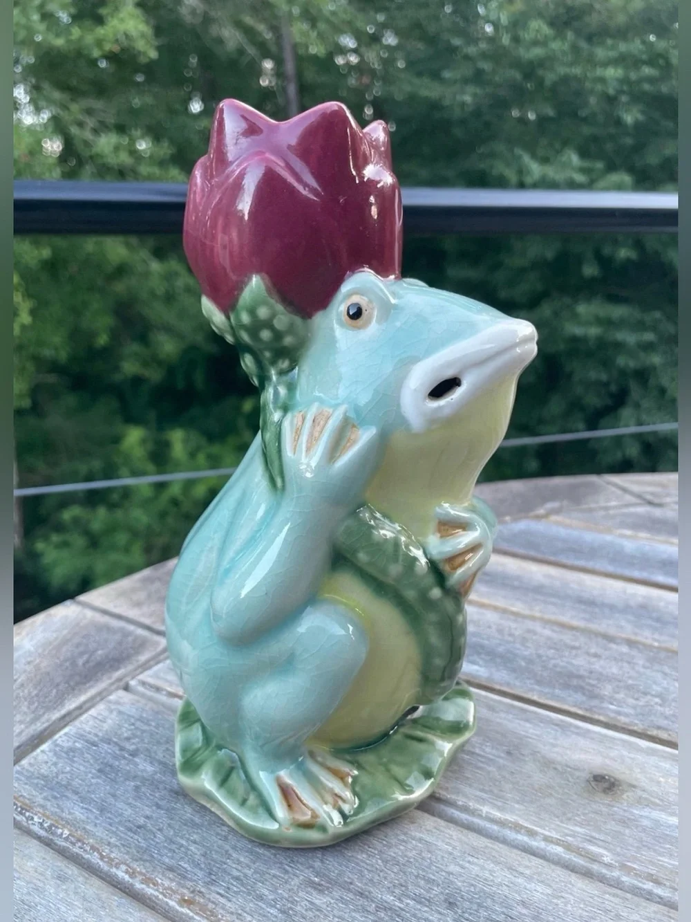 Vintage Wanjiang Majolica Frog Ceramic Candlestick Holder 8”