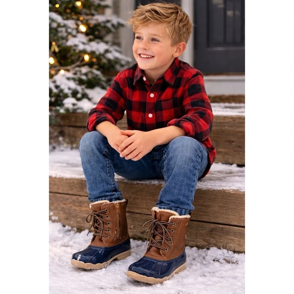 Highland Creek Kids Duck Boots Size 3‎ Brown/Navy Sherpa Lined Winter Rain Boots