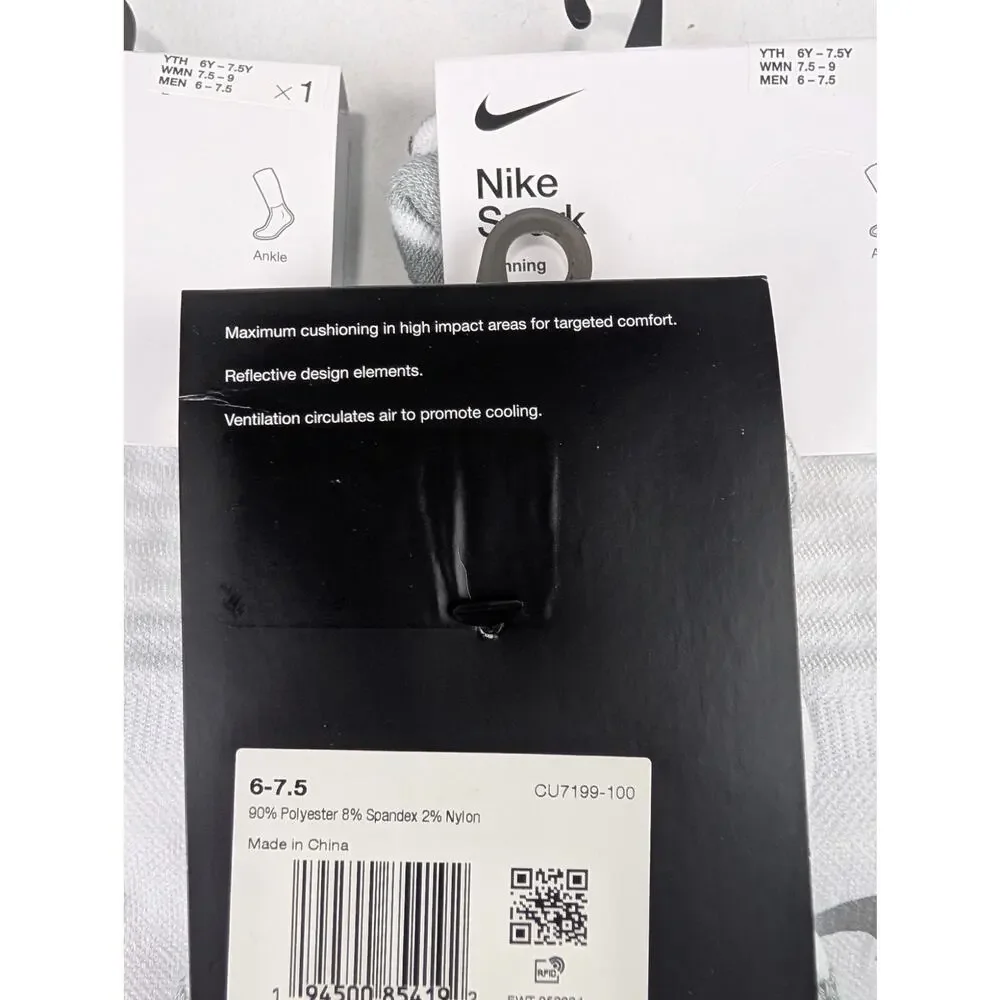 Nike Spark White Ankle Running Socks 3 Pair Bundle - W7.5-9 - M6-7.5