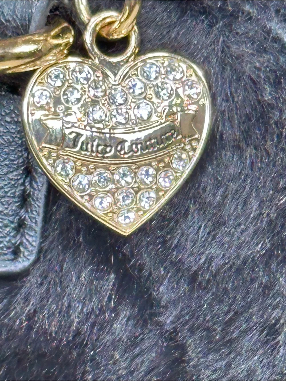 Juicy Couture Let's Get Cozy Black Faux Fur Satchel Purse Heart Logo No Flaws