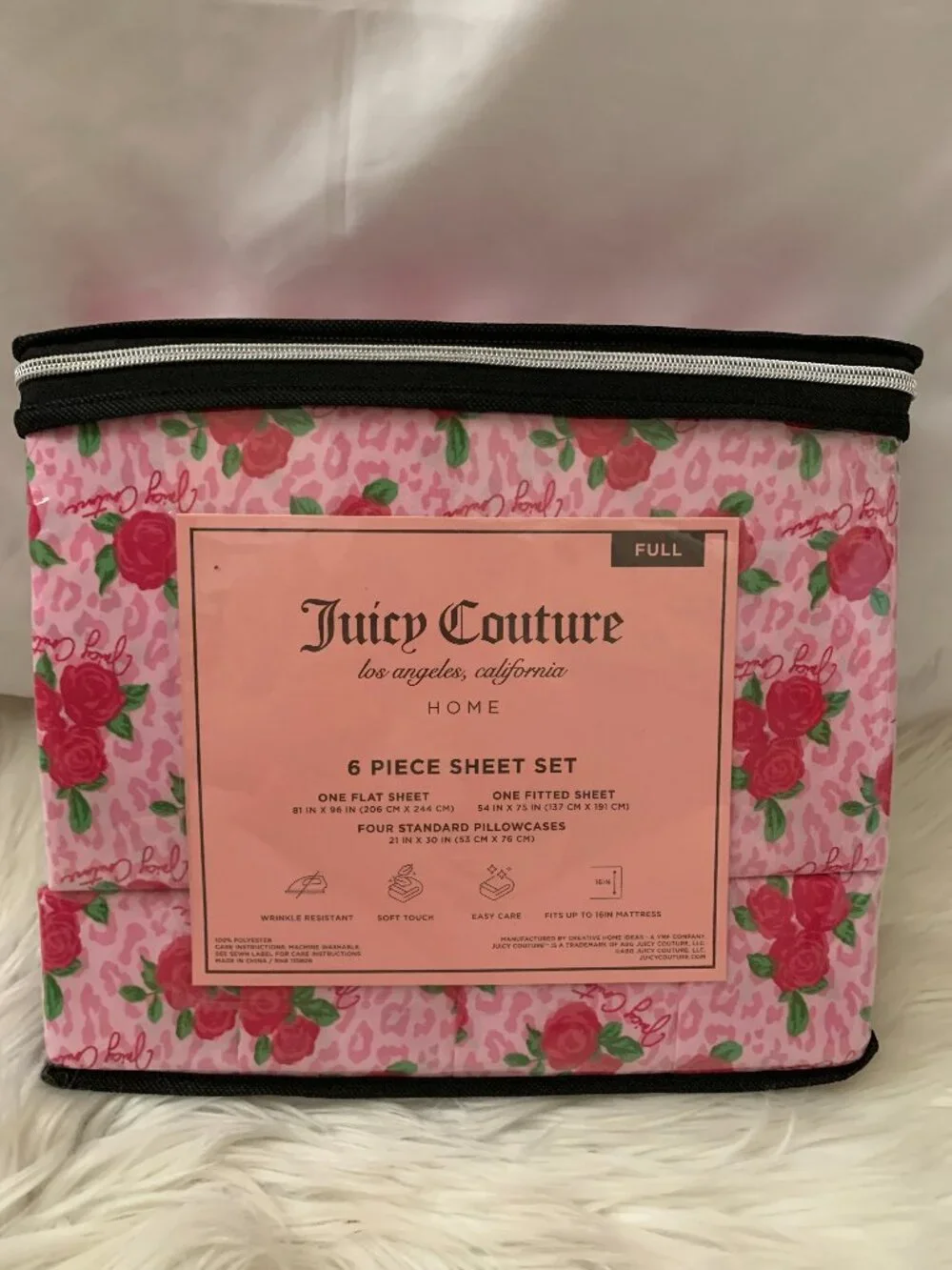 JUICY COUTURE Rose Animal Printed Full Sized Bed Sheets Set in Pink Multi