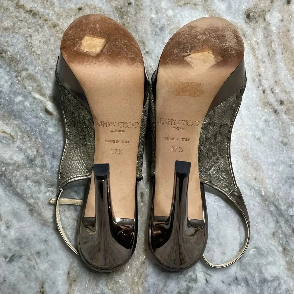 Jimmy Choo Metallic Brown Lace Dahlia Peep Toe Pumps Size 37