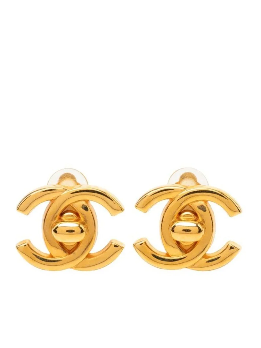 Chanel Vintage CC Logo Turnlock Motif Earrings Gold Plated