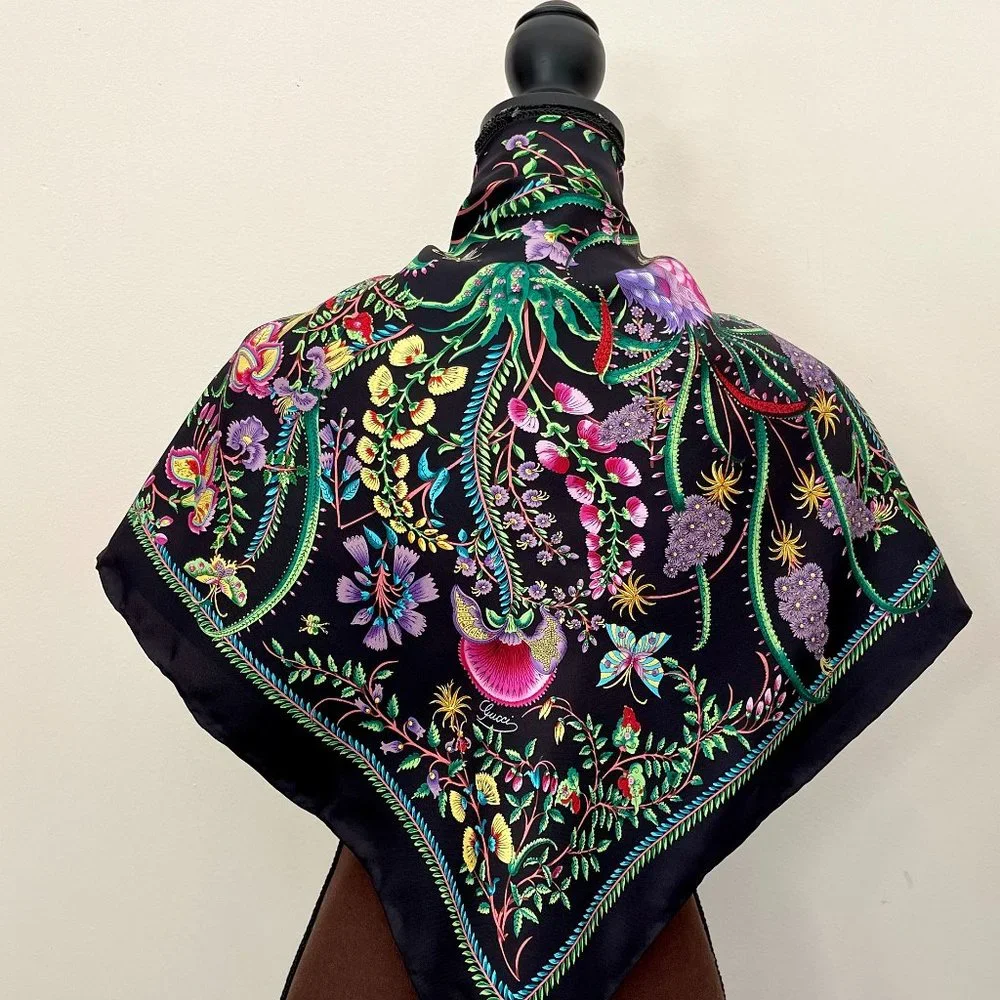 Display #2 Gucci Floral Black Green Multicolor Flora Silk Scarf Wrap