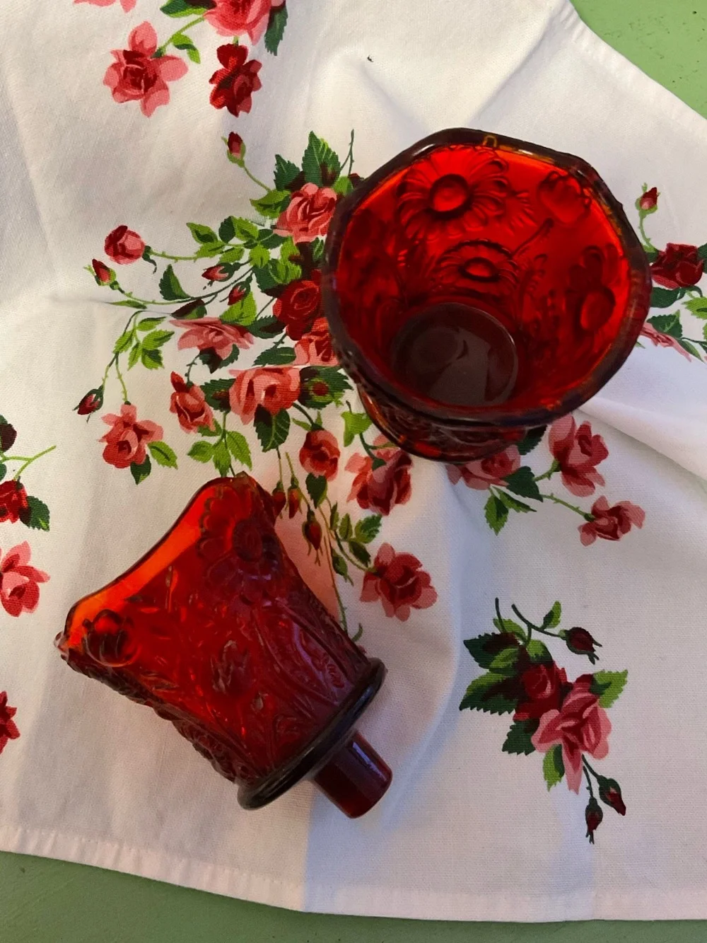 GLOWS Vintage  Red Amberina Peg Votive Holder Textured floral pattern