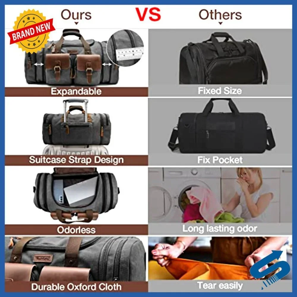 Expandable Canvas Leather Duffle Bag Retro Classic Travel Weekender Carry On