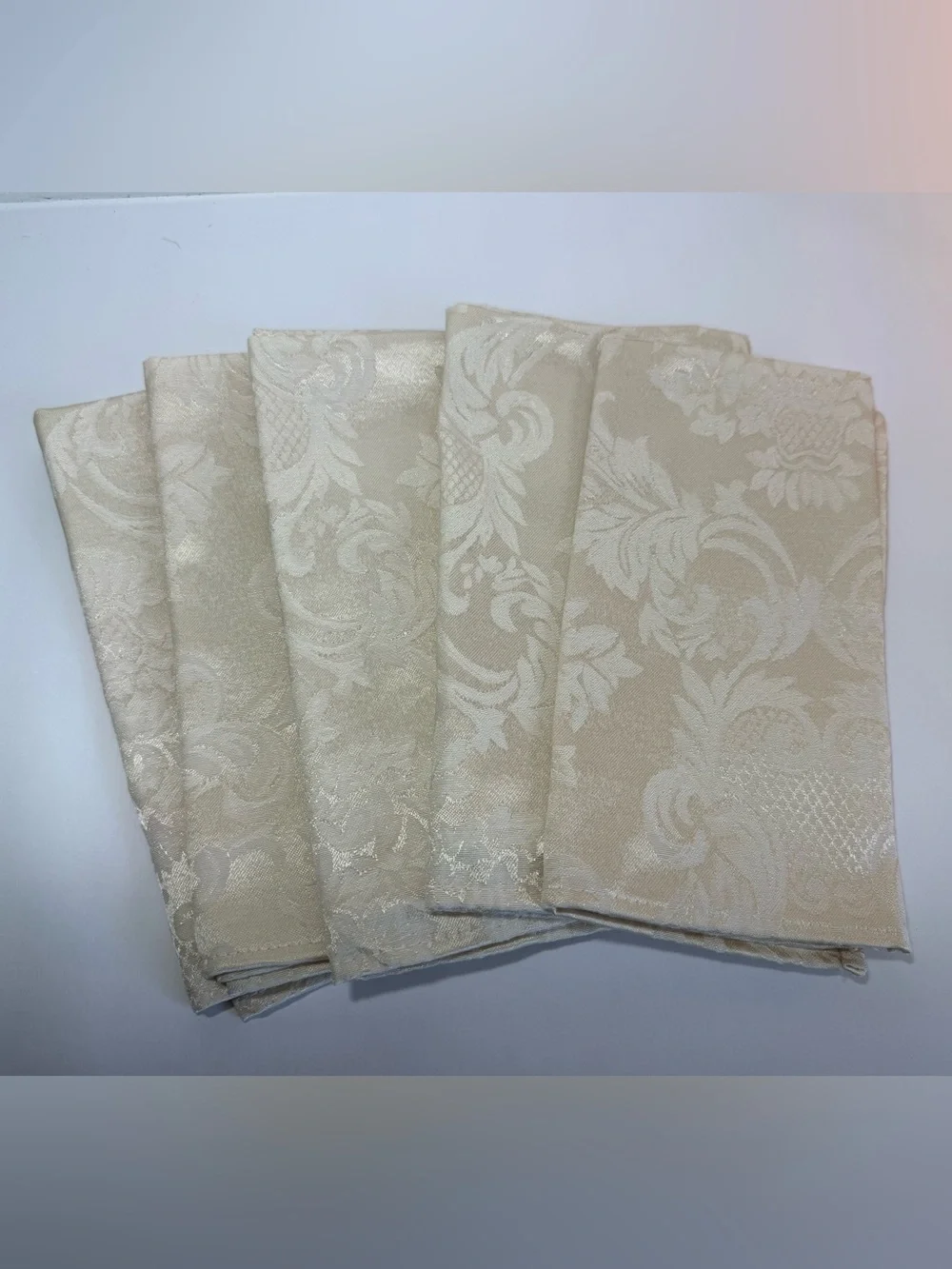 Set 5 Cream Damask Napkins Vintage Macy’s New Old Stock Elegant
