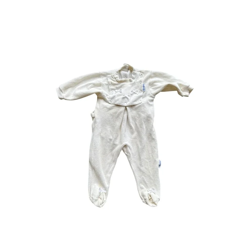 Patachou White Terry Cloth Footed Sleeper Bib Front Bows Infant Baby