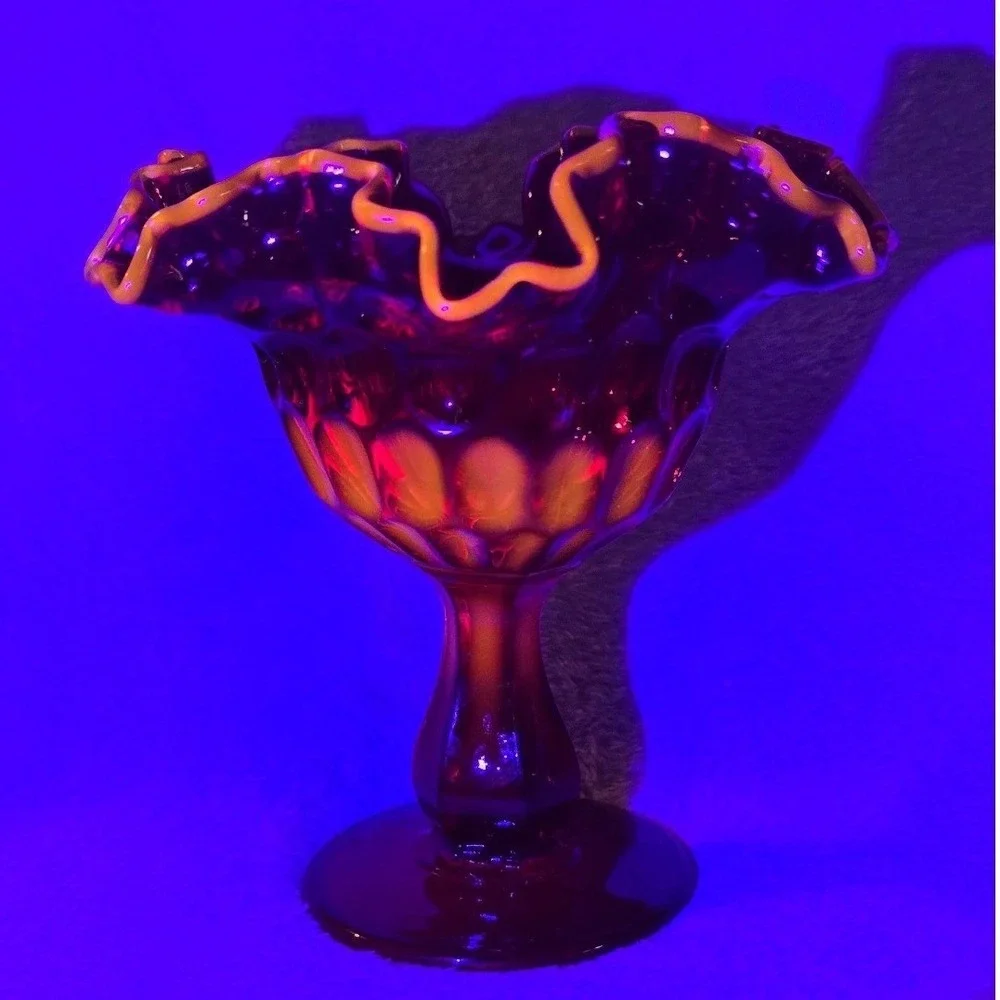 Vintage Fenton Ruby Red Thumbprint Glass‎ Pedestal Compote Cadmium Glow on Rim