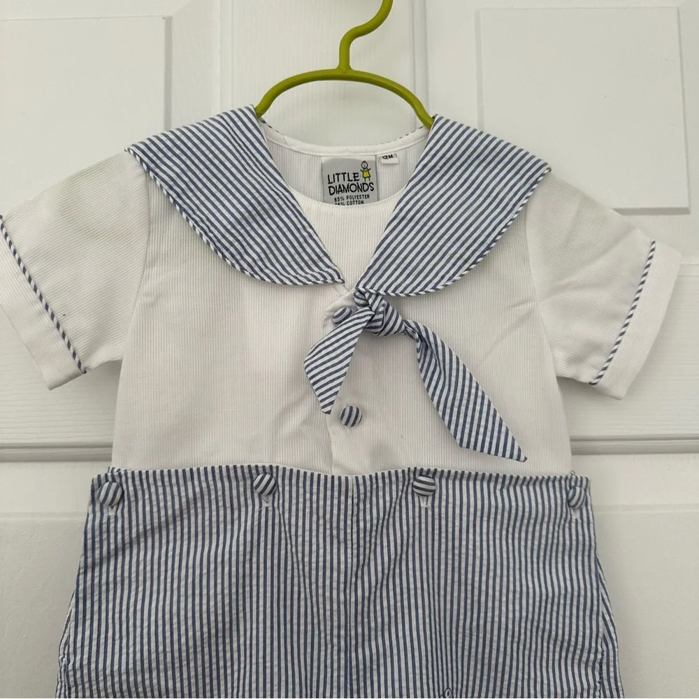 Little Diamonds Nautical Sailor Baby Boys Button-In Outfit Shorts Blue Stripe